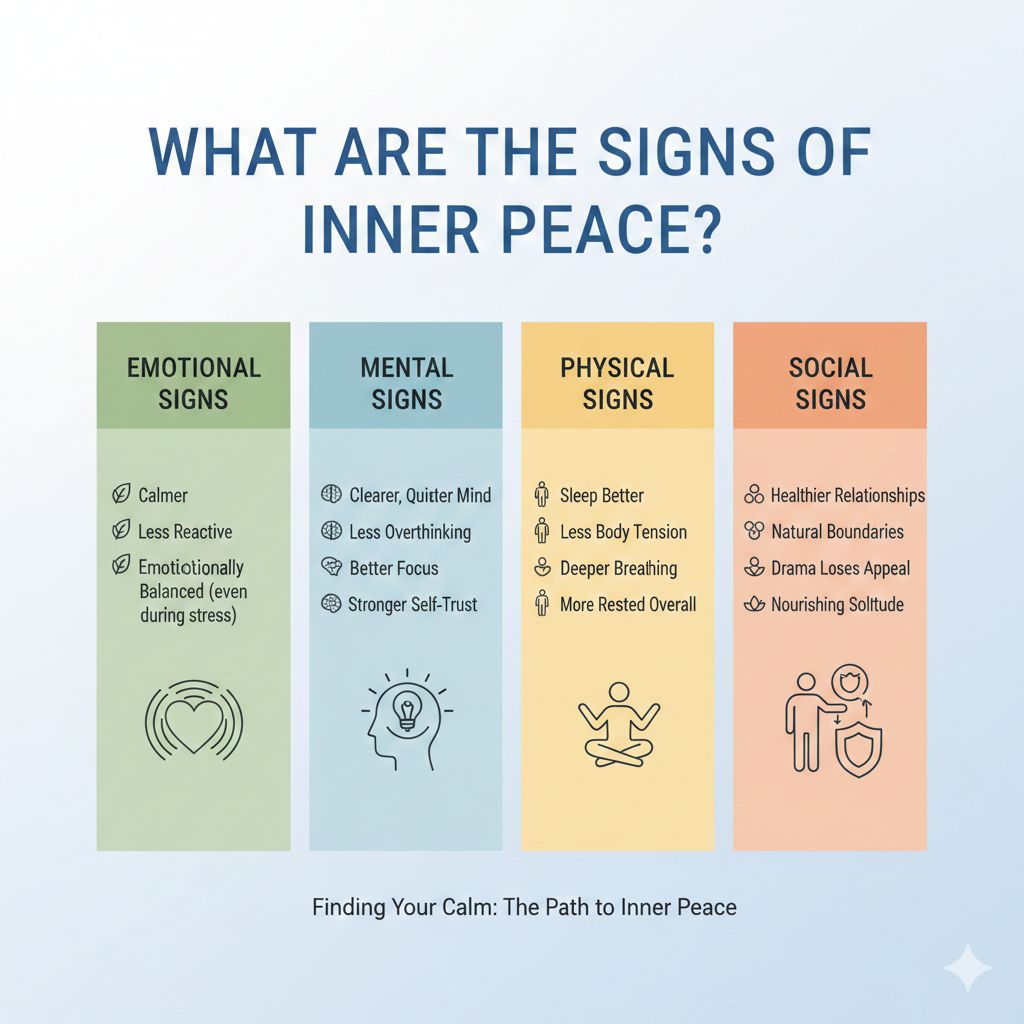 This infographic demonstrates what the actually signs of inner peace are.